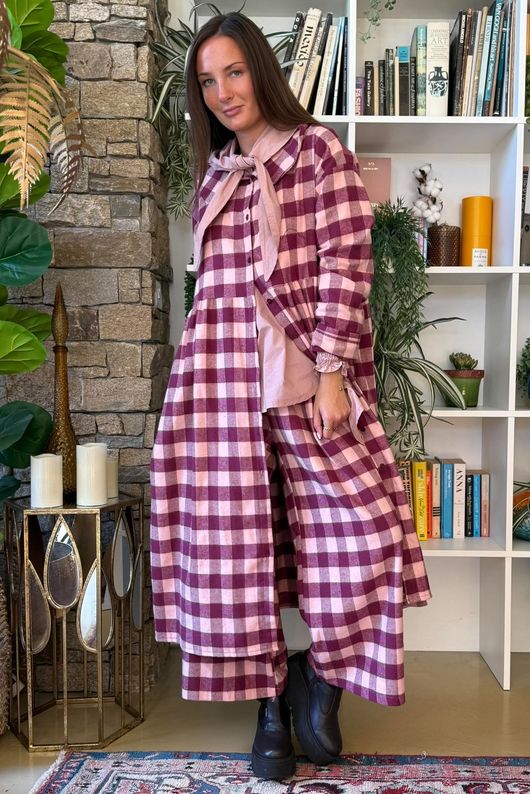 Nora Brushed Cotton Gingham Frock Coat Aubergine